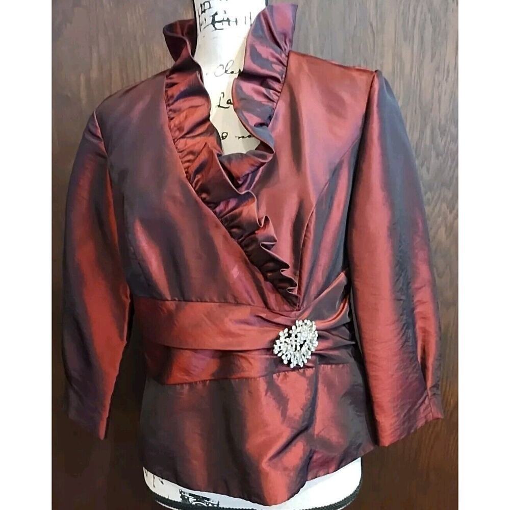 J.R. NITES Sz 10 Maroon Holiday Christmas New Years BLOUSE formal ruffle top Vtg